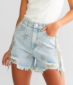 Blue B Ultra High Rise Rhinestone Fringe Short - Blue X-Small/Shortie 1-3, Women's Lightacidwash Ultra high rise Slim through the hip and thigh 3 shortie short Star print and frayed hem details. This quality denim is hand-finished for a unique look. It will wear like your favorite jeans, with each hole and tear continuing to destruct over time. You will love the comfort of this denim that has the look and feel of years of wear. . 85% Cotton 15% Polyester. Hand wash cold water separately. Do not Denim And Diamonds Bachelorette Outfit, Bling Western Outfit, Diy Rhinestone Shorts, Sparkle Cowgirl Outfit, Sparkly Western Outfit, Diamonds And Denim Party Outfits, Denim And Rhinestone Outfit, Space Cowboy Party Outfit, Sparkly Cowgirl Outfit