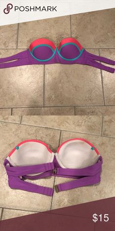 NWOT Strapless Tri-Color Bikini Top New without tags- neon colored strapless bikini top Size medium! Swim Bikinis Purple Sleeveless Swimwear With Built-in Bra, Sleeveless Purple Swimwear With Built-in Bra, Purple Stretch Strapless Swimwear, Purple Strapless Stretch Swimwear, Purple Bandeau Swimwear, Purple Bandeau Swimwear For Swimming, Purple Strapless Swimwear For Beach Season, Purple Fitted Strapless Swimwear, Purple Bandeau Swimwear For Beach Season