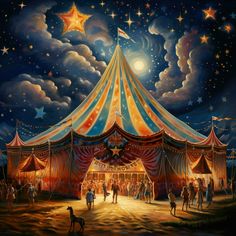 a painting of a circus tent at night with people walking around it and stars in the sky