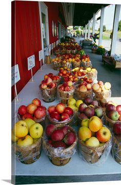 many baskets of apples are lined up on a table