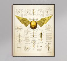 a framed poster with an image of a golden ball and wings on it's side