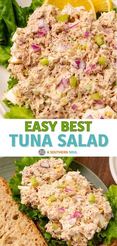 tuna salad on a plate with lettuce and lemon wedges