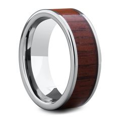 a wedding ring with a wooden inlay on the side and silver plated inside