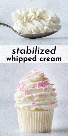 a cupcake with white frosting and pink sprinkles on top is being held by a spoon