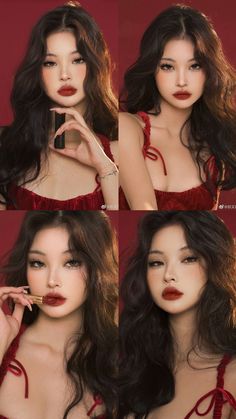 Asian With Red Lipstick, Red Makeup Inspo Aesthetic, Elegant Red Makeup, Dark Red Dress Makeup, Red Lip Makeup Look Asian, Red Dresses Makeup Ideas, Makeup To Go With Red Dress Simple, Dark Red Prom Makeup, Sweet And Spicy Makeup Look