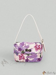 Bird in Bag - Sequin and Embroidered Tote Bag with Floral Accents Spring Purple Satchel Shoulder Bag, Trendy Pink Embroidered Bag, Trendy Embroidered Shoulder Bag, Trendy Embroidered Shoulder Bag For Spring, Pink Embroidered Shoulder Bag For Shopping, Spring Party Bags With Removable Pouch, Spring Purple Shoulder Bag With Removable Pouch, Trendy Embroidered Pouch Shoulder Bag, Embroidered Rectangular Shoulder Bag For Spring