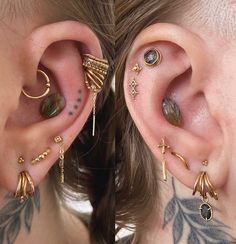 two pictures of the same person with different piercings on their ears and behind them