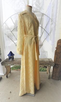 "Vtg 1960's Alencon Lace Yellow Maxi Dress, Vtg Yellow Retro Floor Length Lace Dress, Vtg Lee Jordan Alencon Lace Formal Dress sz L/XL I recently ran across this lovely vintage 1960's Lee Jordan full length dress. It is made from yellow alencon lace and is fully lined in a yellow nylon lining. It has the retro pointed collar and 4 rhinestone studded buttons running down the front of the dress. It is belted although you could remove the belt for a different look if you like (see pictures). This b Luxury Yellow Lace Dress, Yellow Lace Patchwork Dresses, Spring Yellow A-line Vintage Dress, Floor Length Lace Dress, Yellow Cotton Retro Vintage Dress, 1970s Long Sleeve Vintage Dress With Lace Trim, Yellow Jumpsuit, Yellow Maxi Dress, Yellow Maxi