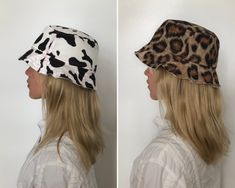 two images of a woman wearing a hat with leopard print on the front and back