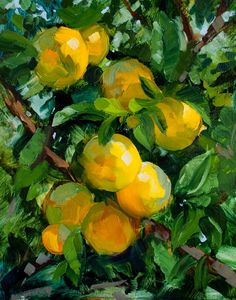 an oil painting of lemons growing on a tree