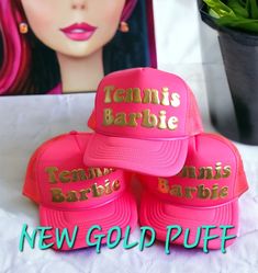 NEW GOLD PUFF Pick from 25 different hat colors. Choose print color from the list. ✔WE DO CUSTOM FONTS  The hat features heavy-duty sewn, contrast stitching and a plastic, adjustable snap, back closure. Pink Baseball Cap Mini Hats For Party, Pink Mini Baseball Cap For Parties, Gold Costume Hat As A Gift, Customizable Party Trucker Hat, Customizable Trucker Hat For Parties, Adjustable Gold Mini Cap, Party Trucker Hats, Different Hats, Snap Back