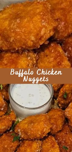 buffalo chicken nuggets with ranch dressing on the side and text overlay that reads buffalo chicken nuggets