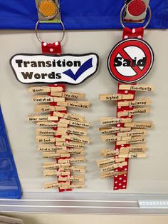 two signs are hanging on the wall with clothes pins attached to them that say, transition words