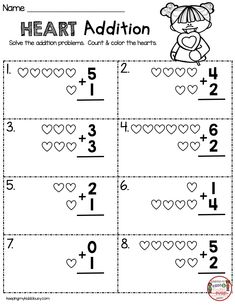 the addition worksheet for valentine's day with hearts and numbers on it