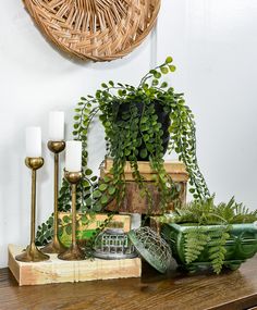 a wooden table topped with plants and candles