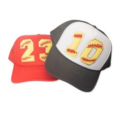 🥎 Softball fans! Sport yours or your loved ones' numbers in style with this custom softball hat🧢!  This custom trucker hat features chenille varsity number patches ironed on with industrial grade heat to ensure a secure bond.  The trucker hat is a high quality, mid profile, 5-panel hat with a built in sweat band.  The fit is perfect for men or women, yet it still fits women well & is not too big, bulky, and is not high sitting on the head.  This is a great gift for a softball lover, softball m Breathable Flat Bill Hat For Baseball Season, Red Hats For Baseball Season, Red Baseball Cap For Baseball Season, Red Baseball Cap For Sports Fans, Varsity Hats For Baseball Season, Red Snapback Hat For Baseball Season, Fitted Cap For Baseball Season Game Day, Fitted Cap For Game Day During Baseball Season, Red Trucker Hat For Sports Events