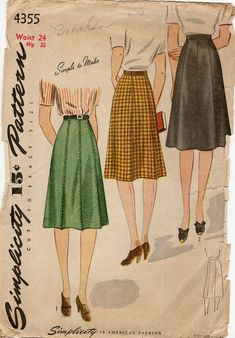 Simplicity 4355 Skirt w Stitched Seams & Crease Effect or Gored Sz 24" Waist CUT 1940s Skirt Pattern, 1940s Skirt, Pleated Skirt Pattern, Fashion 40s, Fashion 1940s, Gored Skirt, Clothing Diy, Vintage Wardrobe, 40s Fashion