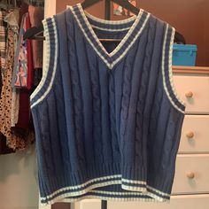 Never Worn, Smoke Free Home Trendy Blue Crew Neck Sweater Vest, Vintage Sweater Vests, Casual Blue Knit Vest, Fitted Knit Sweater Vest In Blue, Blue V-neck Sweater Vest For Winter, Sweater Vest Outfits, Blue Sweater Vest, Blue Knit V-neck Vest, Shein Sweater