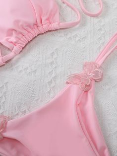 Butterfly Embellished Lace-Up Backless Solid Color Halterneck Bikini Swimsuit Buckle Skirt, Butterfly Decor, Plus Swimwear, Pink Swimsuit, Unique Boutique, Color Rosa, Fashion Advice, Women Swimsuits, Swimming Pool