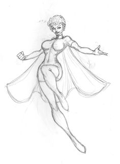 a drawing of a woman in a cape and dress with her arms outstretched, standing on one leg