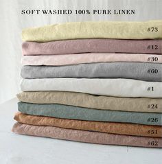 soft washed 100's pure linens in various colors, sizes and lengths are shown