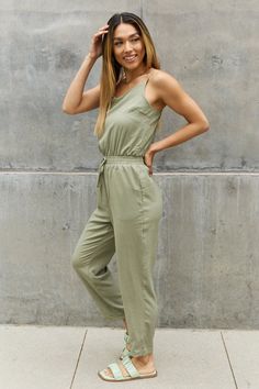 Textured Woven Jumpsuit in Sage – Via Vay Boutique Wardrobe Pattern, Drawstring Neckline, Plus Size Jumpsuit, Maxi Dress Formal, Moda Vintage, Mode Vintage, Feel Confident