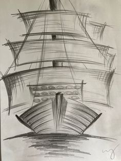 a drawing of a boat floating on top of the water with lines coming out of it