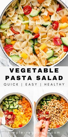 two bowls filled with pasta salad and the words vegetable pasta in different languages, on top of