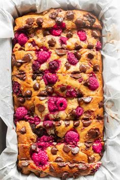 raspberry chocolate chip bread in a baking pan