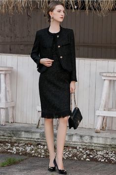 Elegant Black Tweed Dress With Buttons, Luxury Fitted Black Tweed Dress, Elegant Fitted Button-up Tweed Jacket, Elegant Black Tweed Jacket With Button Closure, Luxury Black Tweed Jacket With Button Closure, Black Tweed Skirt, Tweed Jacket Outfit, Tweed Skirt Suit, Black Skirt Suit