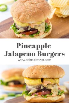 pineapple jalapeno burgers on a cutting board with chips in the background