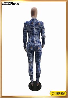 Fashion Sexy Print Tight Sports Long Sleeve Jumpsuit Trendy Fitted Bodysuit For Workout, Trendy Fitted Bodysuit For Sports, Trendy Fitted Activewear With Graphic Print, Blue Casual Fitted Unitard, Casual Blue Fitted Unitard, Blue Fitted Casual Unitard, Clubwear Jumpsuits, Long Sleeve Jumpsuit, Jumpsuit With Sleeves