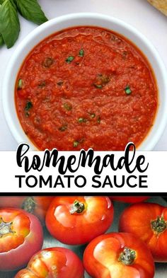 homemade tomato sauce in a white bowl with tomatoes and basil on the side, next to it