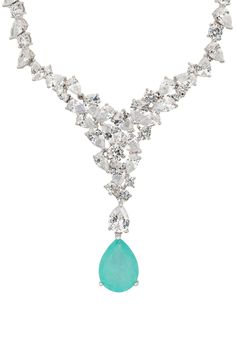 The Lydia Statement Necklace in Paraiba Tourmaline Silver is a breathtaking piece of jewelry that epitomizes elegance and brilliance. Crafted with 925 sterling silver and weighing 45.5 grams, this exquisite necklace is adorned with simulated diamonds from end to end, culminating in a striking triangular formation at the front. At the tip of this dazzling triangle hangs a teardrop-shaped lab-grown Paraiba Tourmaline, the birthstone for October, adding a touch of vibrant colour and profound signif Briolette Emerald Necklace For Formal Occasions, Elegant Silver Drop Emerald Necklace, Formal Emerald Briolette Necklace, Formal Briolette Emerald Necklace, Formal Drop Emerald Gemstone Necklace, Dazzling Multi-stone Necklace For Formal Occasions, Luxury Gemstone Drop Necklace, Luxury Silver Emerald Gemstone Necklace, Luxury Drop Multi-stone Jewelry