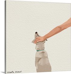 a painting of a person's hand petting a dog