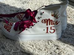 Quinseñeras Red Shoes, Quinceanera Shoes Red High Heels, Red Quince Theme Shoes, Red Quinceanera Damas, Custom Quince Shoes, Quincenara Dress, Quince Shoes Sneakers, Quinceañera Dance, Dark Red Quinceanera Dresses