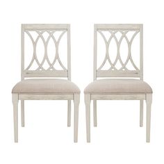 two white chairs with beige upholstered back and seat cushions, one on each side