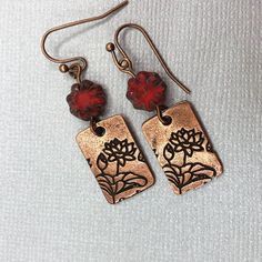 Copper Red Flower Dangle Earrings Handmade Jewelry Short - Etsy Cottagecore Jewelry, Red Flower Earrings, Reno Nv, Copper Red, Handmade Jewelry Diy, Red Earrings, Purple Glass, Red Bead, Red Flower