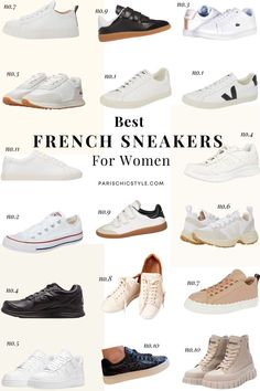 Affordable French sneakers French women wear in Paris & worldwide.  Stylish Parisian sneakers for everyday street style shoes, walking, travel, work, & sightseeing. Veja French Sneakers, Chloe Parisian Sneakers, Yves Saint Laurent Paris Sneakers, Lacoste French Sneakers, Andre Paris Sneakers, Converse Chuck Taylor, New Balance Sneakers, Nike Air Sneakers, Sezane Trainers, Isabel Marant Parisian Sneakers. #frenchsneakers #frenchsneakerbrands #parisiansneakers #parischicstyle Paris Chic Style White Sneakers Classy Outfit, 2023 Sneakers Women, Expensive Sneakers Women, Latest Sneakers For Ladies 2023, Mia Sneakers Outfit, Trending White Shoes, Seavees Women Sneakers Outfit, Trendy Womens Sneakers 2023, Basic Sneakers For Women 2023