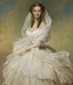 a painting of a woman wearing a white dress and veil with her hands on her hips