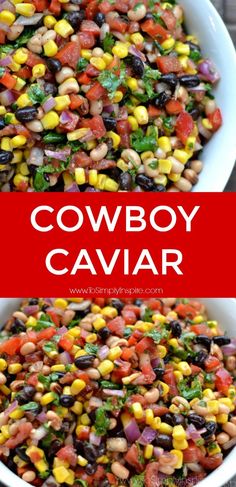 cowboy caviar in a white bowl with the title above it, and an image of