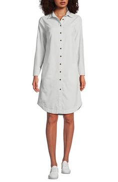 This classic button-front shirt dress is the perfect amount of pretty and laid back. The collared neckline and rounded hemline make it refined, while the soft pinwale cord fabric gives it a touch of texture. It's very versatile too, you can dress it down with a cool pair of sneakers or dress up with boots and a statement belt. Pinwale cord fabric adds a touch of texture Collared neckline with full button front closure Two on-seam pockets for storing essentials Long sleeves with single-button cuf Light Wash Collared Dress With Buttons, Classic Button Closure Knee-length Shirt Dress, Medium Wash Fitted Button-up Shirt Dress, Light Wash Button-up Dress With Button Closure, Light Blue Button-up Dress With Button Closure, Button Front Shirt Dress, Button Front Dress, Lands End, Nordstrom Dresses