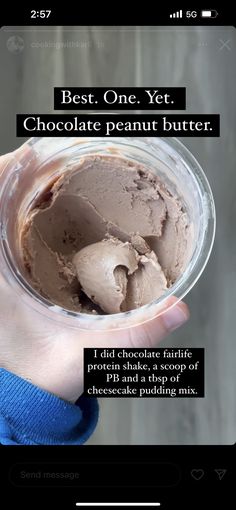 someone is holding up a cup with chocolate ice cream in it and the caption reads, best one yet chocolate peanut butter