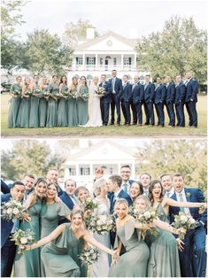 the bride and groomsmid are posing for pictures in front of their wedding party