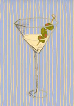 a painting of a martini glass with olives in it on a blue and white striped background