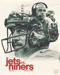 a poster for the new york jets'game against the san francisco giants, featuring two football players with helmets on their heads