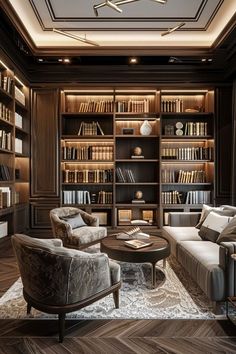 a living room filled with lots of furniture and bookshelves covered in shelves full of books