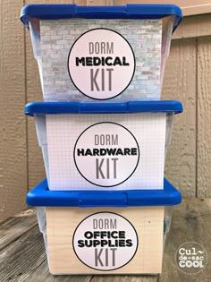 three storage containers with labels on them that read dorm medical kit and dorm hardware kit