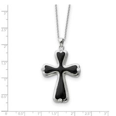 This elegant cross necklace is crafted from rhodium-plated sterling silver, black enamel and cubic zirconia gemstones. The pendant is approximately 30mm (1 3/16 inch) in width by 49mm (1 7/8 inch) in length with the bail. The cable chain is 18-inches long and closes with a spring ring clasp. Each cross includes the following message and verse card printed in English and Spanish. There are four bezels on this cross that represent that God is: your shelter, your refuge, your place of safety and yo Bow Jewelry, Jewelry Sterling Silver, Station Necklace, Cross Pendant Necklace, Black Bow, Gold Pendant Necklace, Black Enamel, Cz Stone, Spring Rings