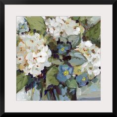 a painting of white and blue flowers in a vase